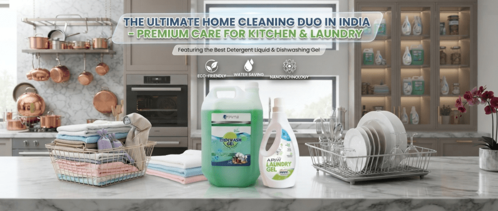 ARMI Eco Laundry Gel and Dishwash Gel displayed with folded clothes and clean kitchenware, representing the best detergent liquid and dishwashing gel in India.