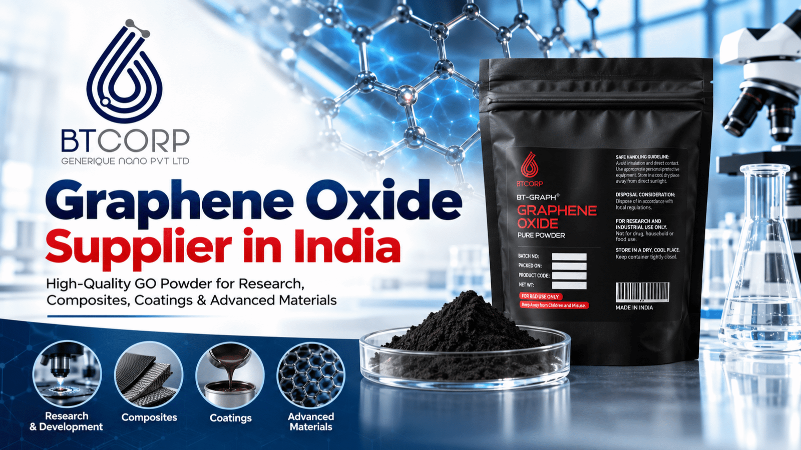 Graphene Oxide Supplier in India – BTCORP High-Quality GO Powder for Research and Advanced Materials