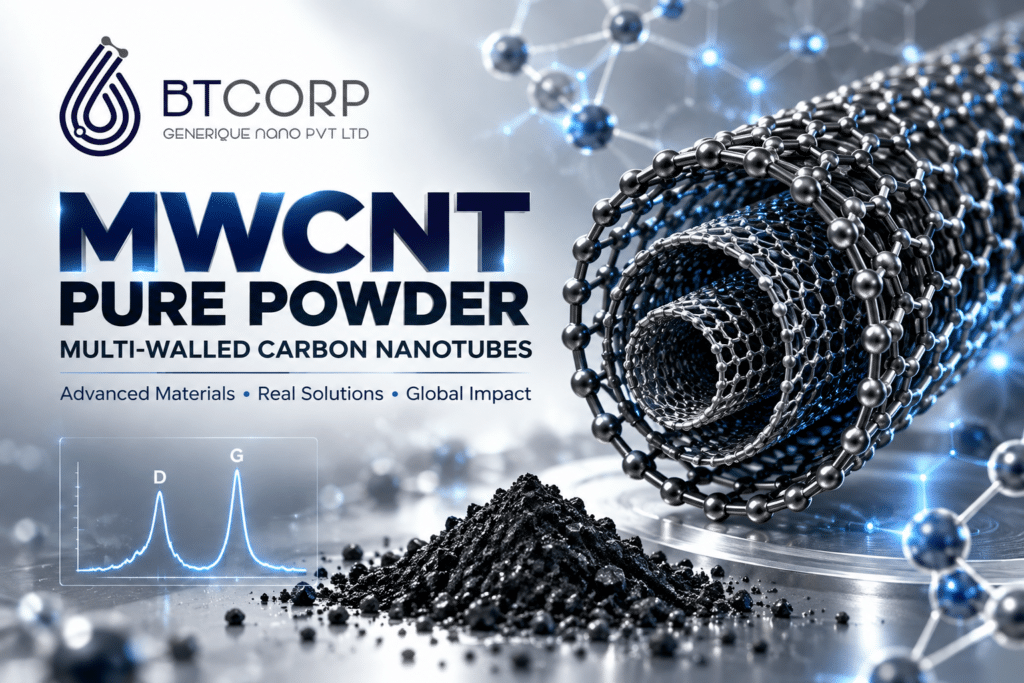 BTCORP MWCNT Pure Powder – Multi-Walled Carbon Nanotubes with 3D nanotube structure and Raman spectroscopy graphic